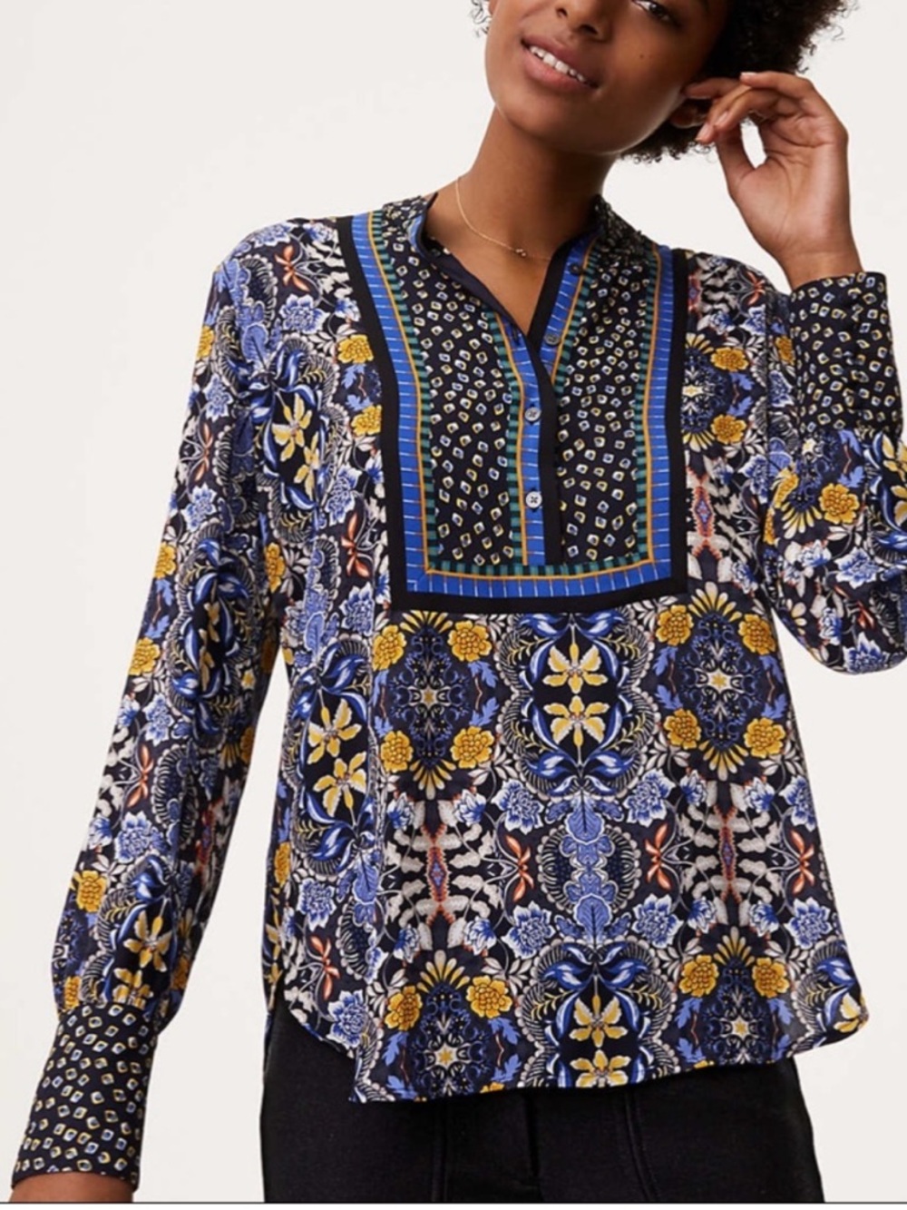 LOFT Women’s Autumn Dream Blue Yellow Paisley Floral Print Blouse Size Small